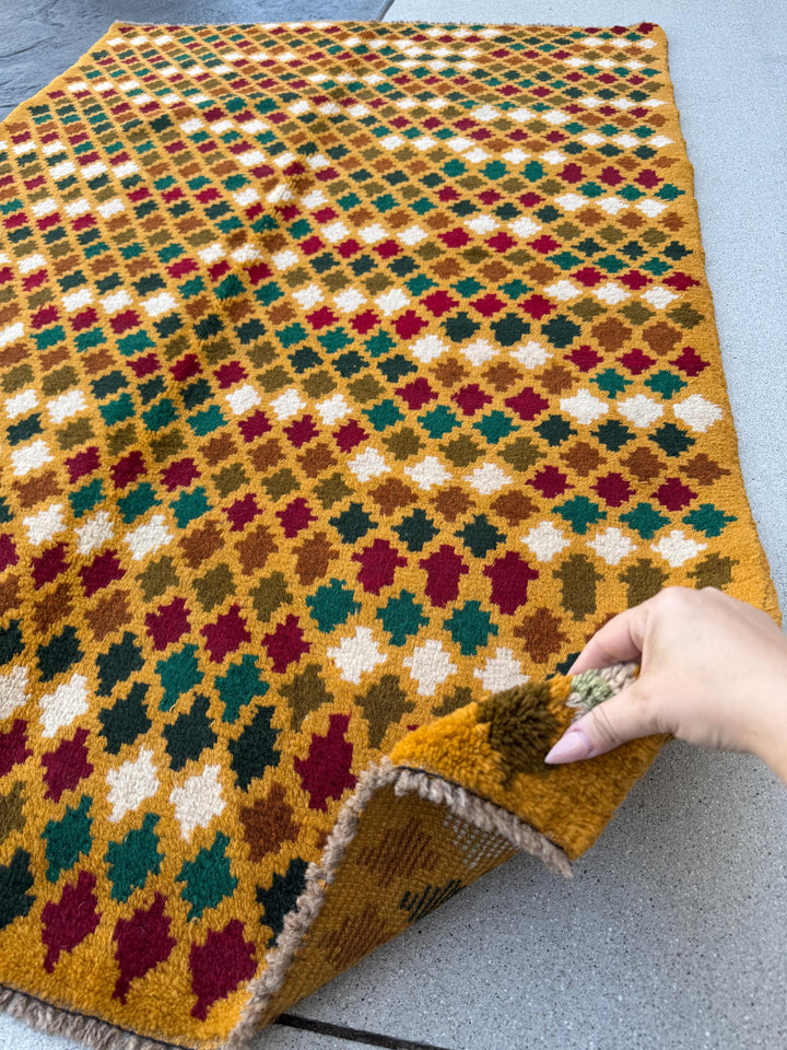 4x6 Handmade Vintage Afghan Baluch Rug | Mustard Gold White Copper Chocolate Brown Forest Pine Olive Green Brick Red | Wool Flatwoven
