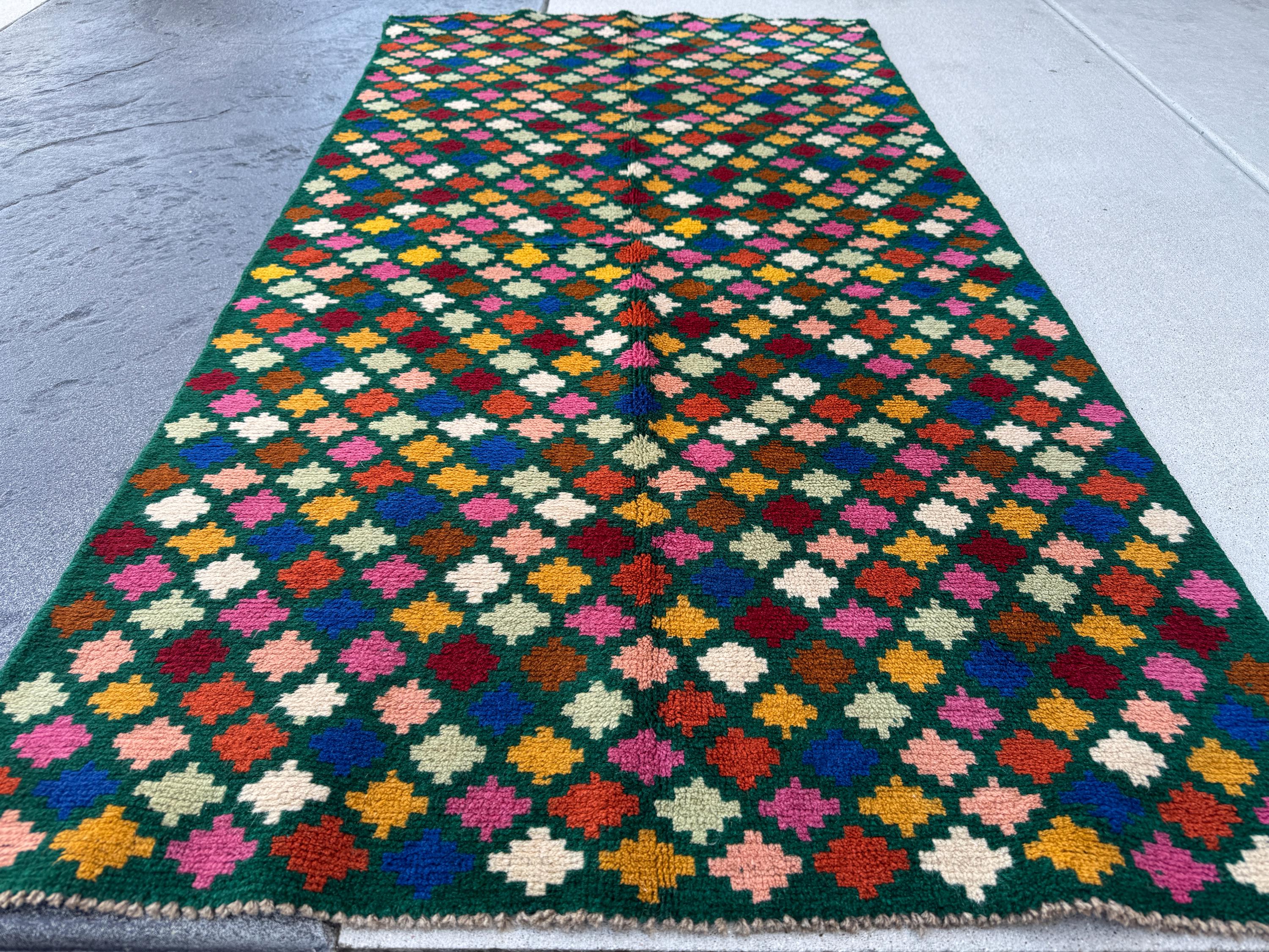 4x7 Handmade Vintage Afghan Baluch Rug | Forest Mint Navy Blue Mustard Gold Brick Red White Rose Salmon Pink Peach Burnt Orange Chocolate