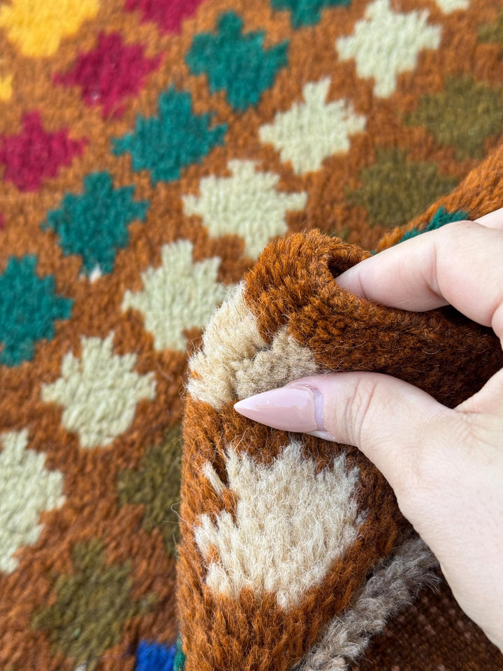 4x6 Handmade Vintage Afghan Baluch Rug | Chocolate Brown Mustard Gold Navy Blue Forest Olive Mint Green Salmon Pink Peach Brick Red | Wool