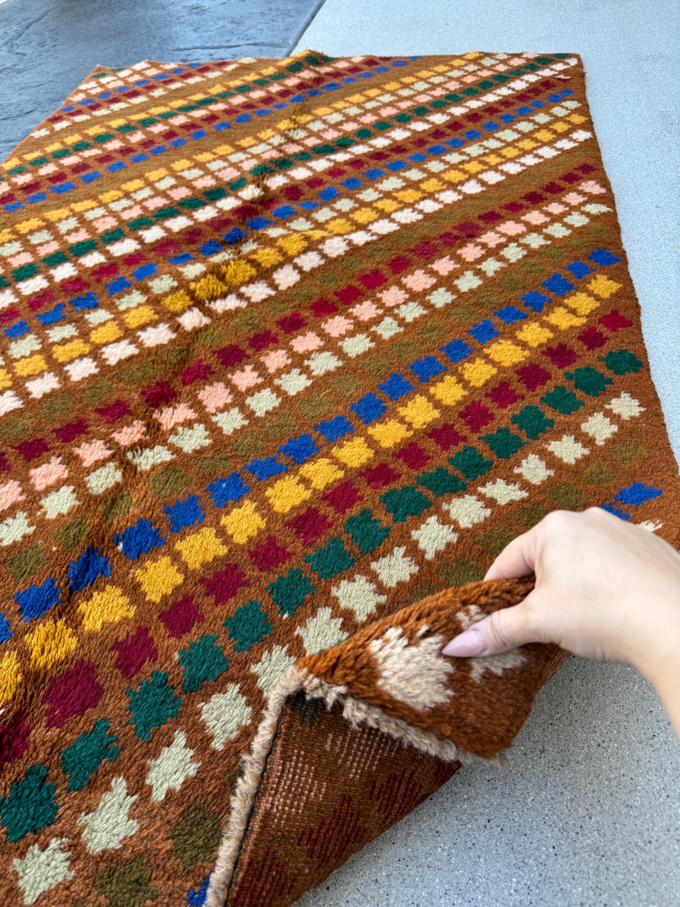 4x6 Handmade Vintage Afghan Baluch Rug | Chocolate Brown Mustard Gold Navy Blue Forest Olive Mint Green Salmon Pink Peach Brick Red | Wool
