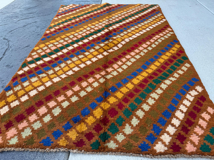 4x6 Handmade Vintage Afghan Baluch Rug | Chocolate Brown Mustard Gold Navy Blue Forest Olive Mint Green Salmon Pink Peach Brick Red | Wool