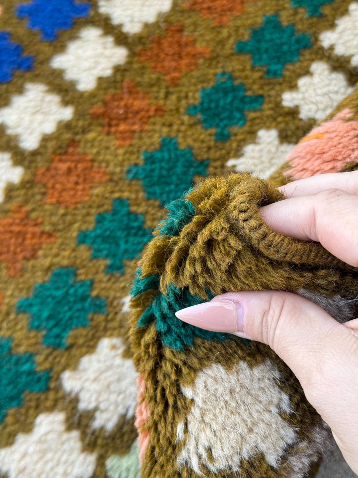 4x6 Handmade Vintage Afghan Baluch Rug | Olive Mint Forest Green Chocolate Brown Navy Blue Salmon Pink Peach Brick Red White | Flatwoven