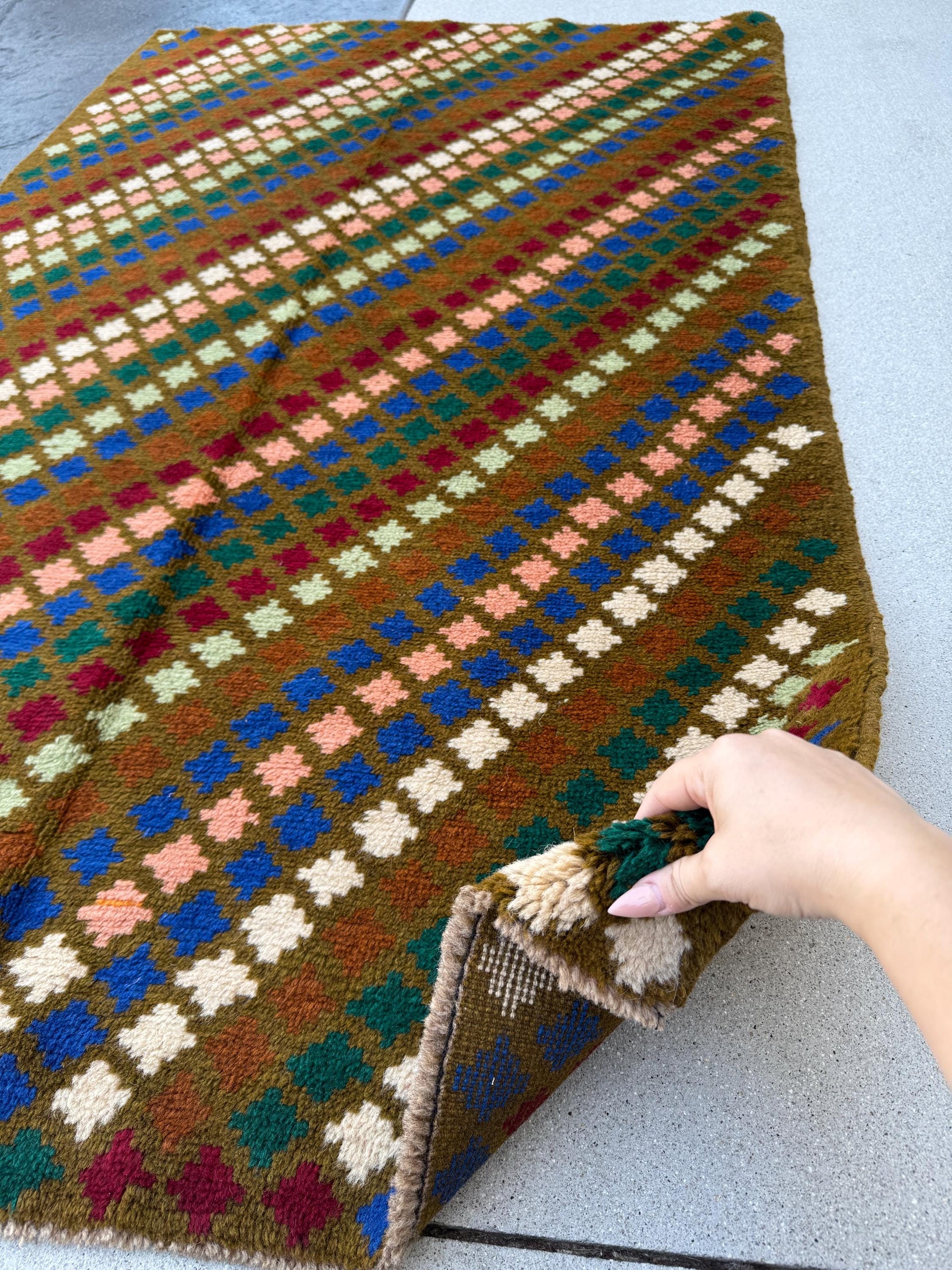 4x6 Handmade Vintage Afghan Baluch Rug | Olive Mint Forest Green Chocolate Brown Navy Blue Salmon Pink Peach Brick Red White | Flatwoven