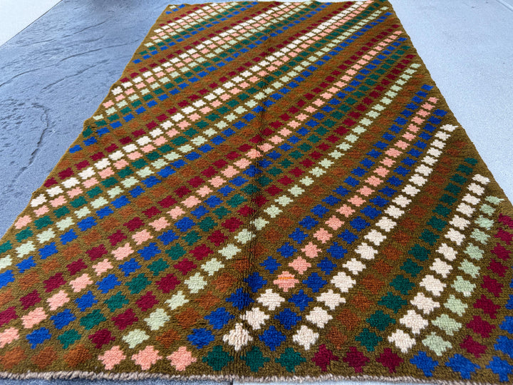 4x6 Handmade Vintage Afghan Baluch Rug | Olive Mint Forest Green Chocolate Brown Navy Blue Salmon Pink Peach Brick Red White | Flatwoven