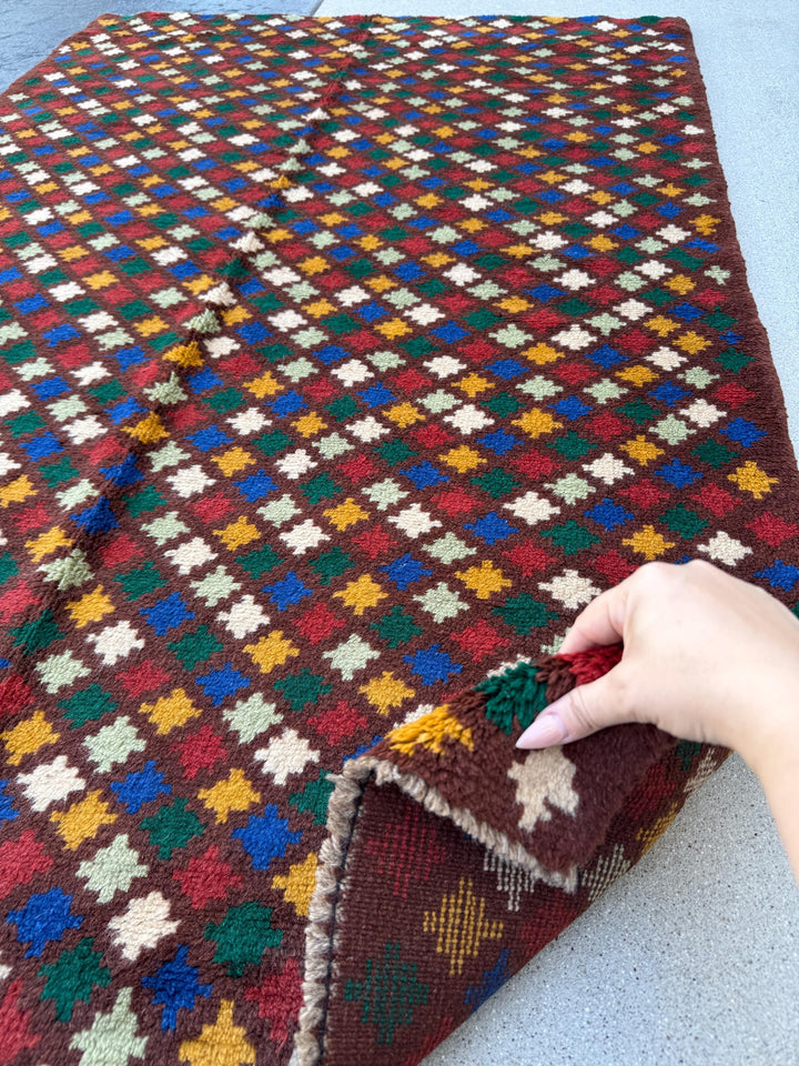 4x6 Handmade Vintage Afghan Baluch Rug | Chocolate Brown Mustard Gold Navy Blue Forest Mint Green Brick Red White | Wool Flatwoven