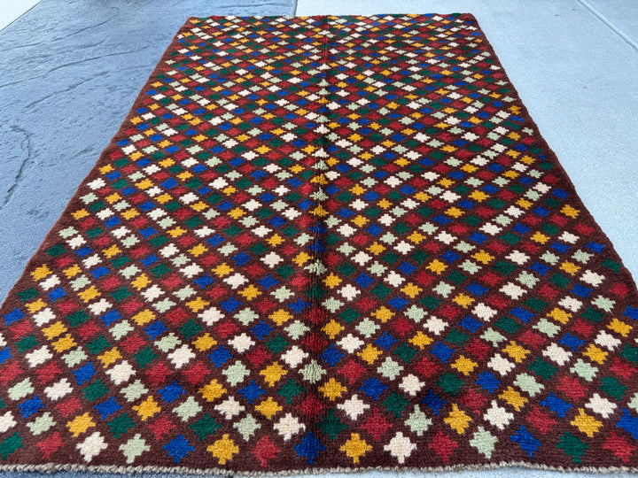 4x6 Handmade Vintage Afghan Baluch Rug | Chocolate Brown Mustard Gold Navy Blue Forest Mint Green Brick Red White | Wool Flatwoven