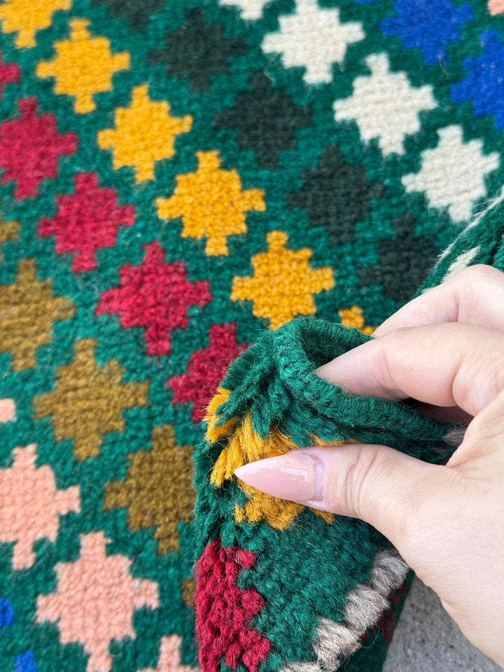 4x6 Handmade Vintage Afghan Baluch Rug | Forest Pine Green Navy Blue White Brick Red Mustard Gold Salmon Pink Peach Chocolate Brown | Wool