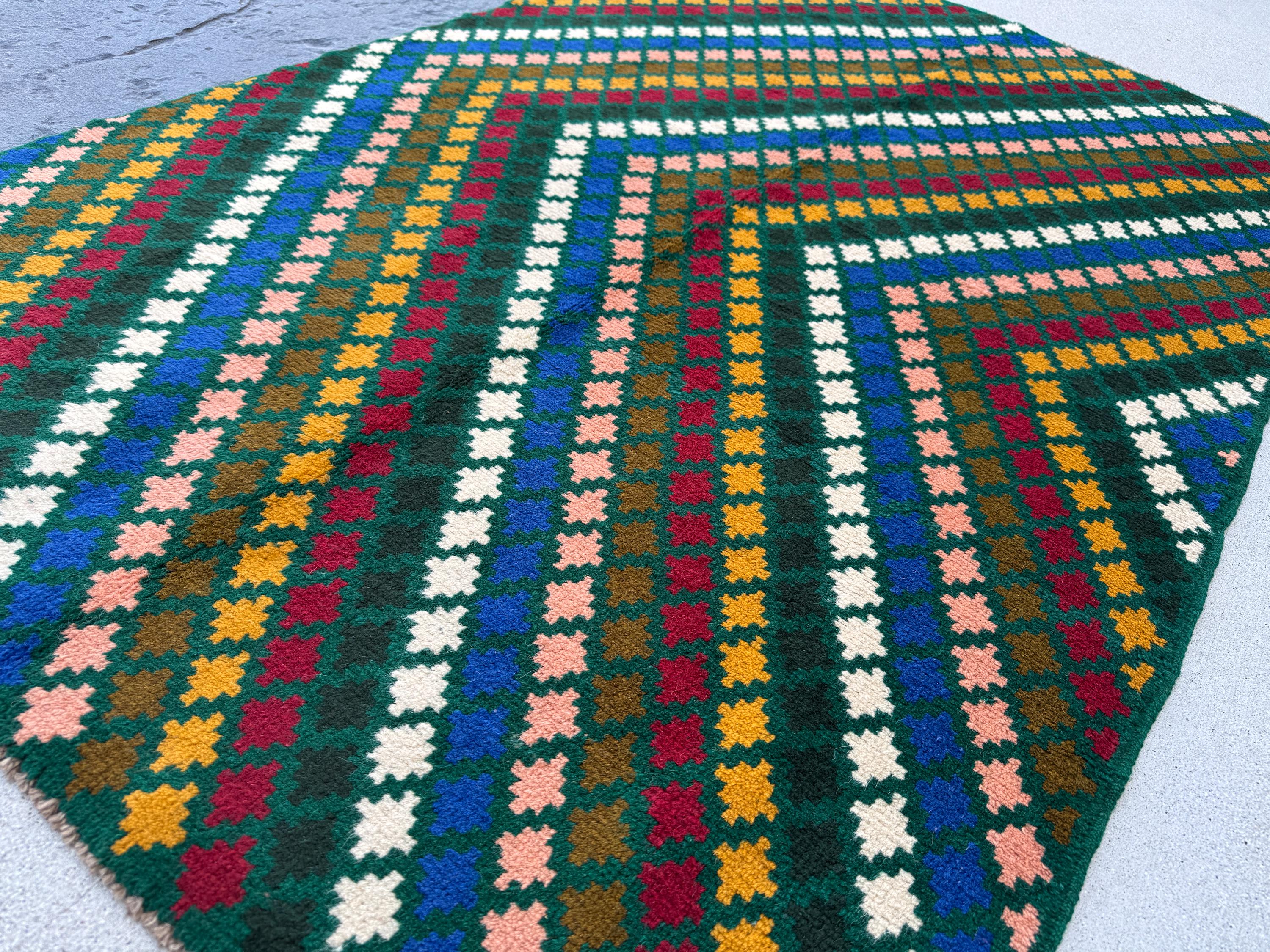4x6 Handmade Vintage Afghan Baluch Rug | Forest Pine Green Navy Blue White Brick Red Mustard Gold Salmon Pink Peach Chocolate Brown | Wool