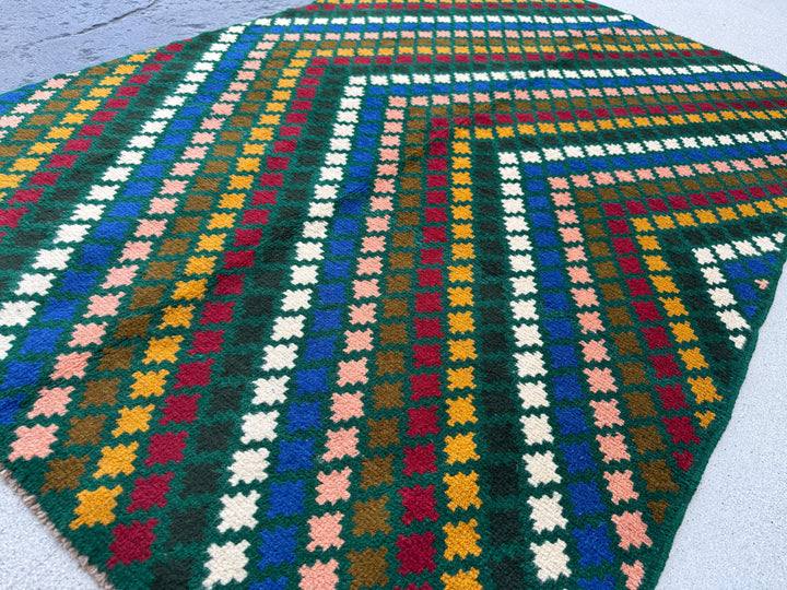 4x6 Handmade Vintage Afghan Baluch Rug | Forest Pine Green Navy Blue White Brick Red Mustard Gold Salmon Pink Peach Chocolate Brown | Wool