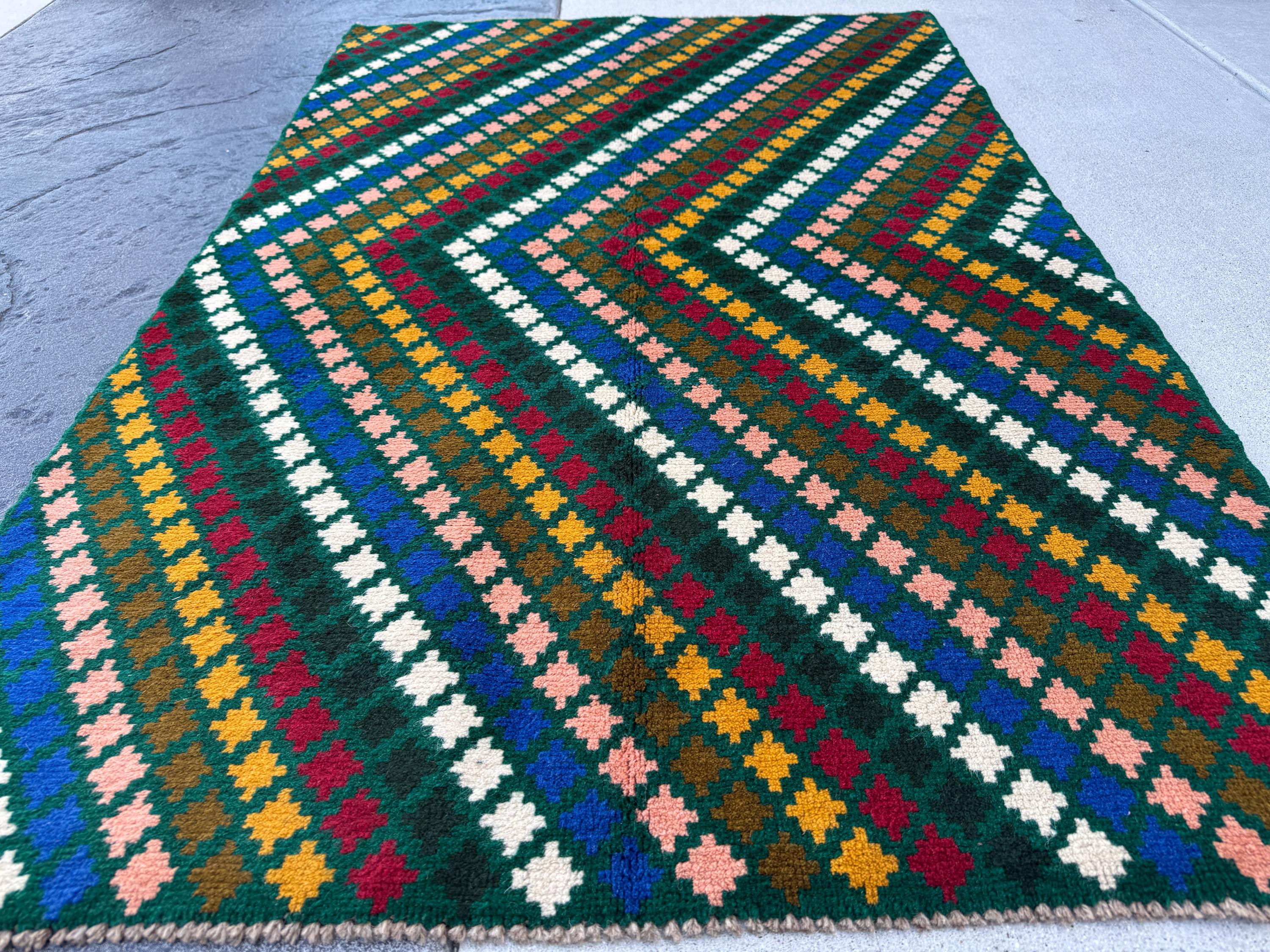 4x6 Handmade Vintage Afghan Baluch Rug | Forest Pine Green Navy Blue White Brick Red Mustard Gold Salmon Pink Peach Chocolate Brown | Wool
