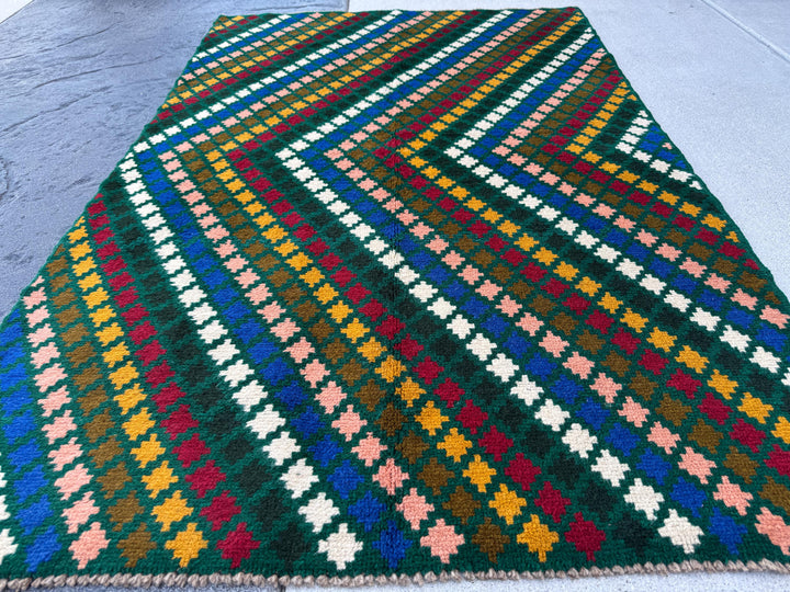 4x6 Handmade Vintage Afghan Baluch Rug | Forest Pine Green Navy Blue White Brick Red Mustard Gold Salmon Pink Peach Chocolate Brown | Wool