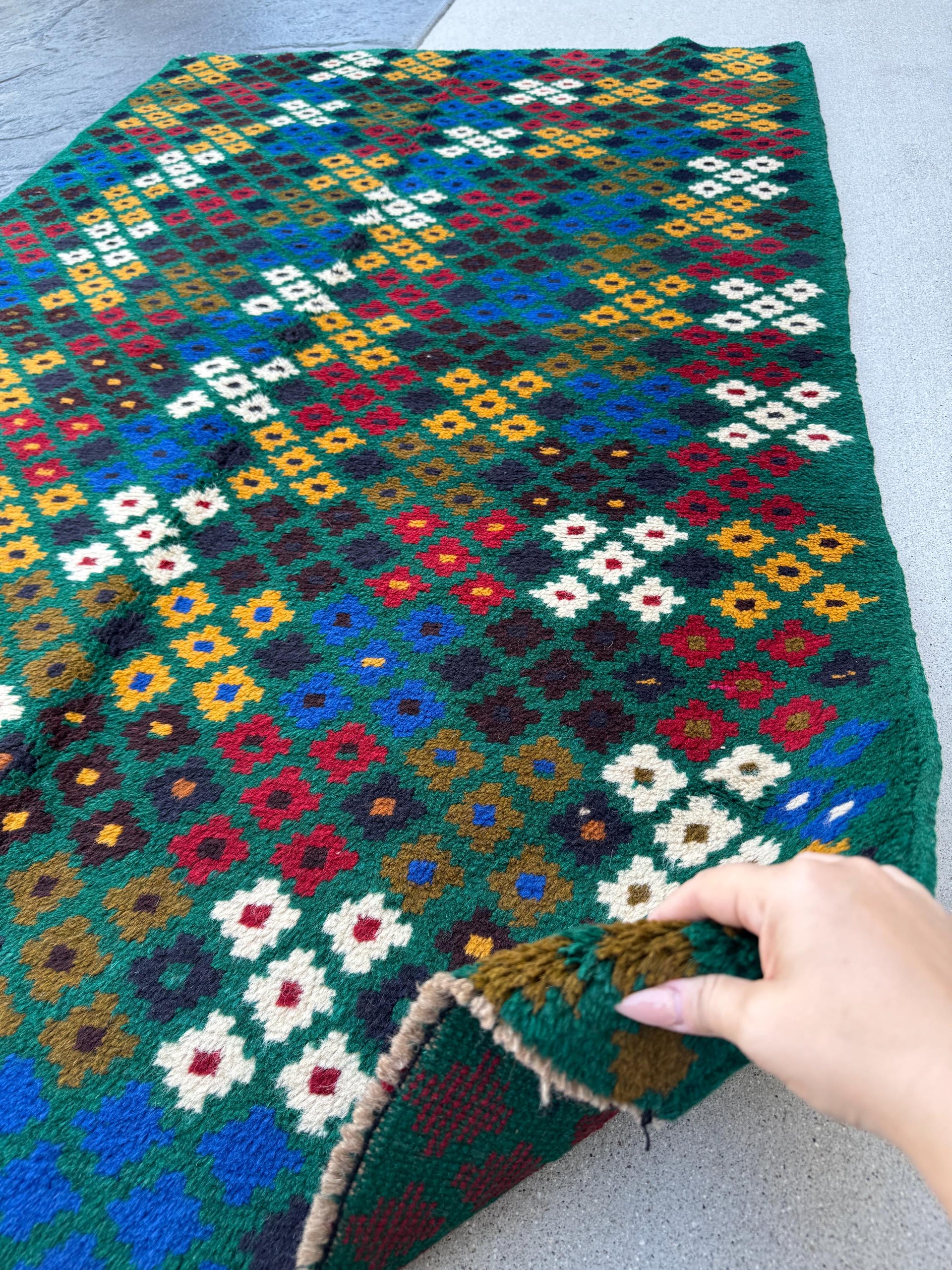 4x6 Handmade Vintage Afghan Baluch Rug | Forest Olive Green Navy Blue White Brick Red Mustard Gold Eggplant Purple Midnight Blue | Wool