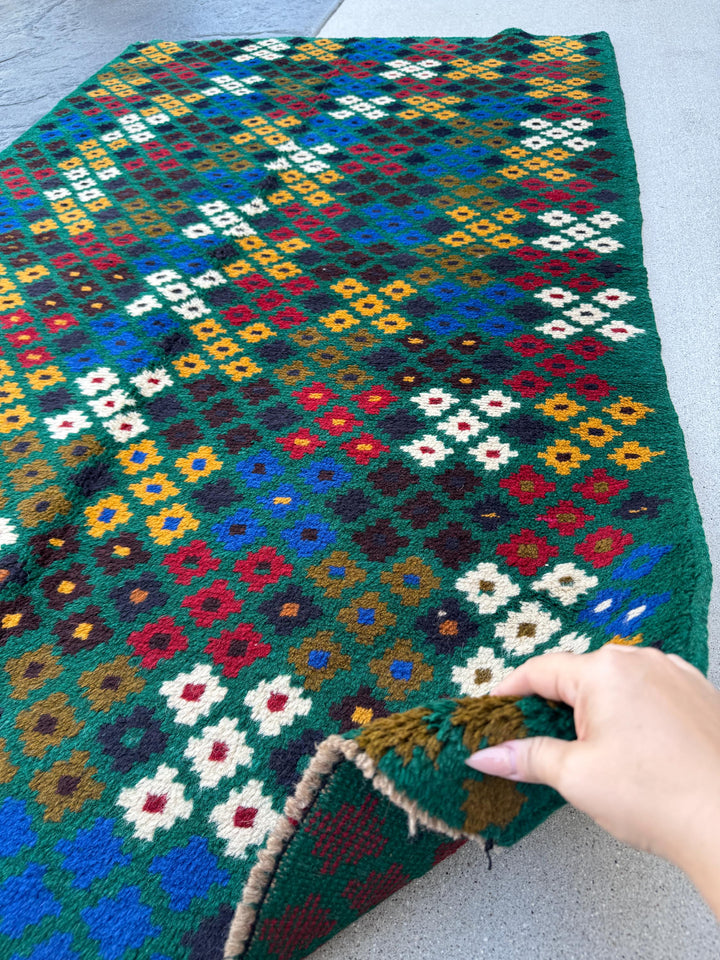 4x6 Handmade Vintage Afghan Baluch Rug | Forest Olive Green Navy Blue White Brick Red Mustard Gold Eggplant Purple Midnight Blue | Wool
