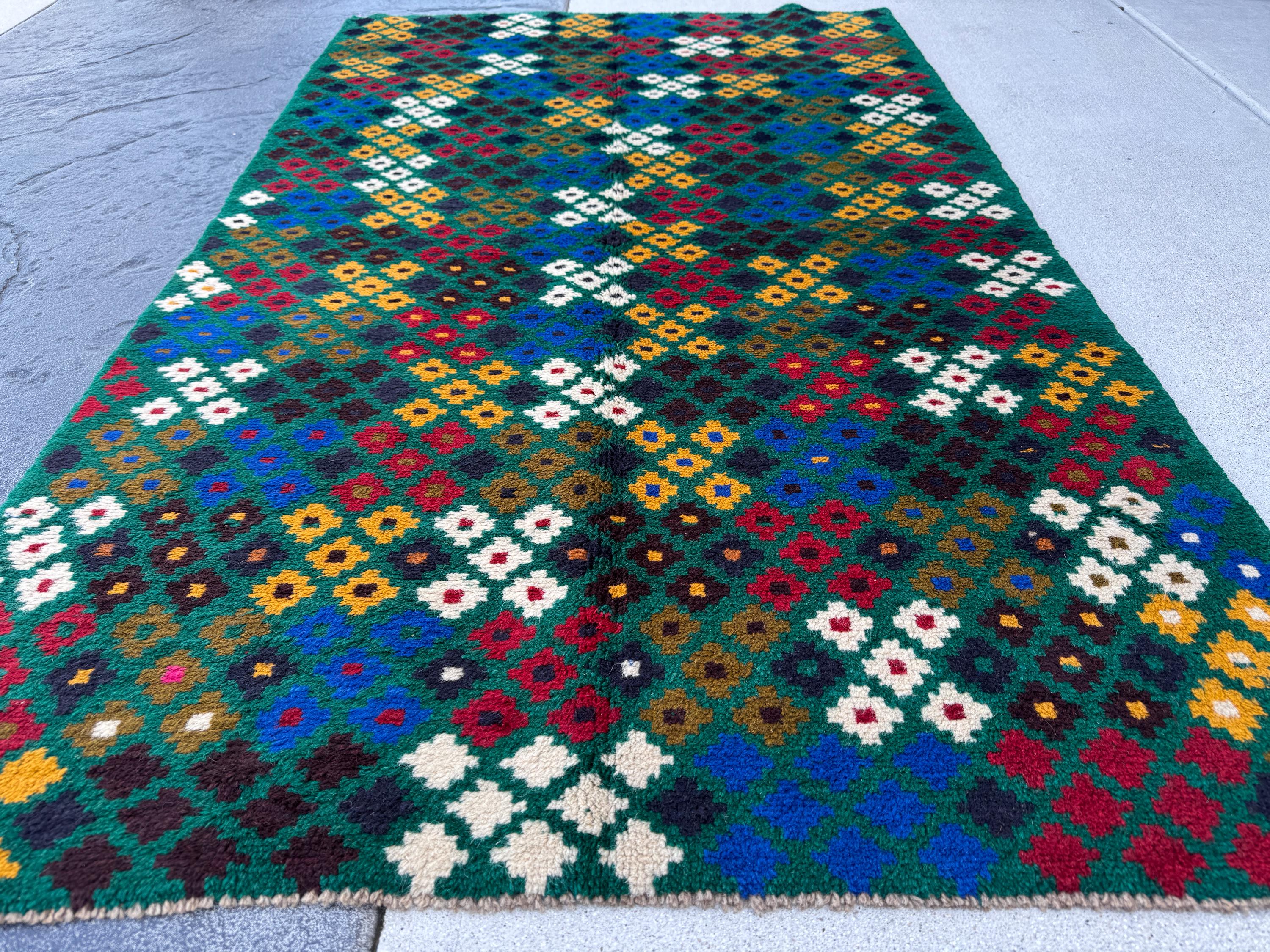 4x6 Handmade Vintage Afghan Baluch Rug | Forest Olive Green Navy Blue White Brick Red Mustard Gold Eggplant Purple Midnight Blue | Wool