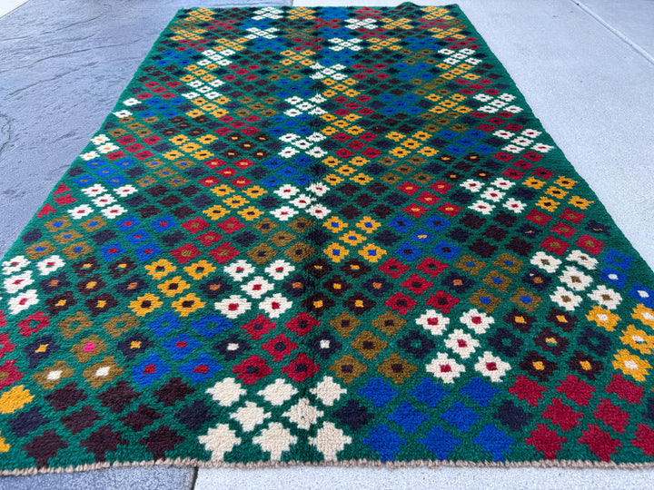 4x6 Handmade Vintage Afghan Baluch Rug | Forest Olive Green Navy Blue White Brick Red Mustard Gold Eggplant Purple Midnight Blue | Wool