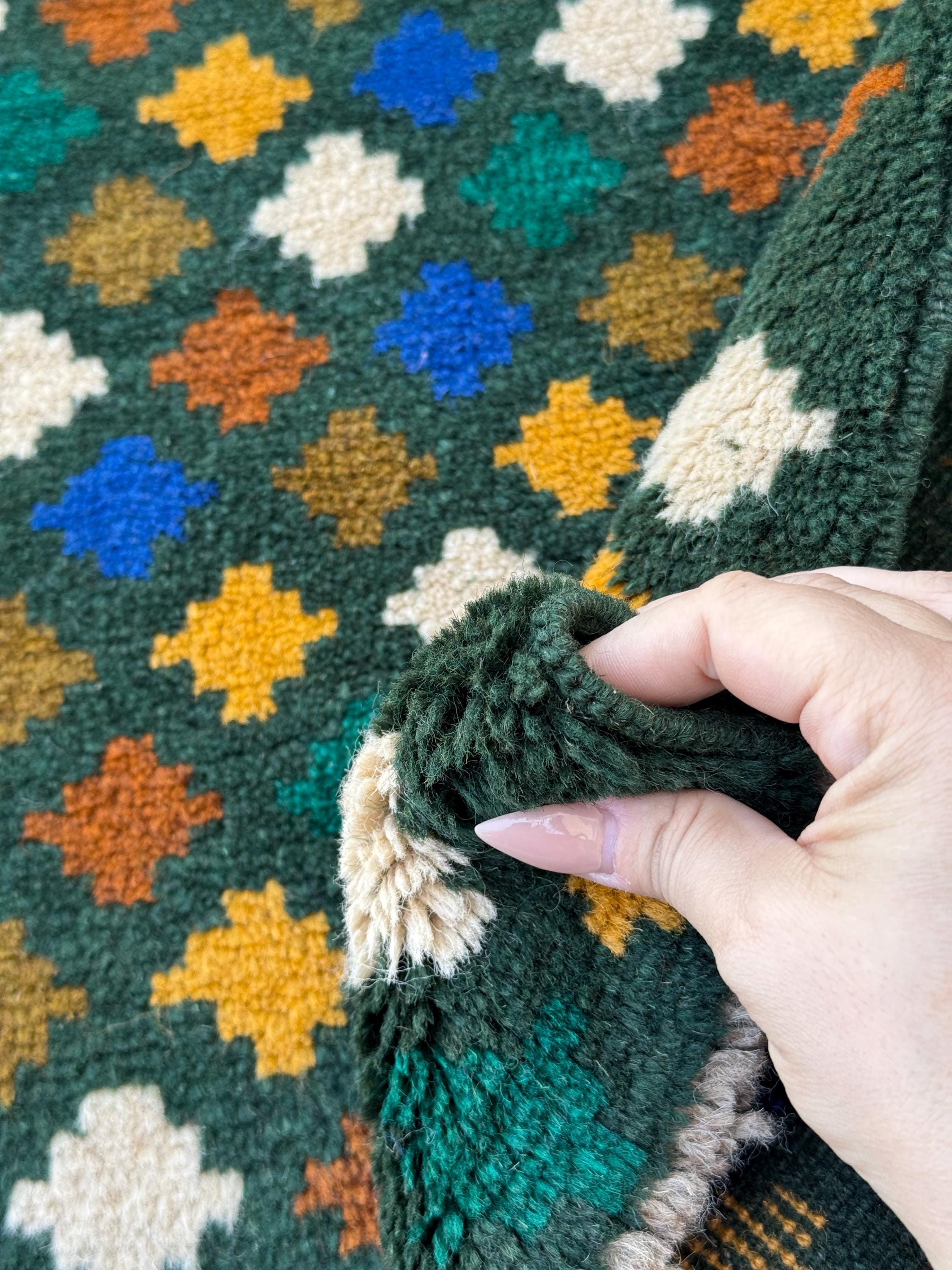 4x6 Handmade Vintage Afghan Baluch Rug | Pine Forest Olive Green Navy Blue White Mustard Gold Copper Brown | Wool Flatwoven