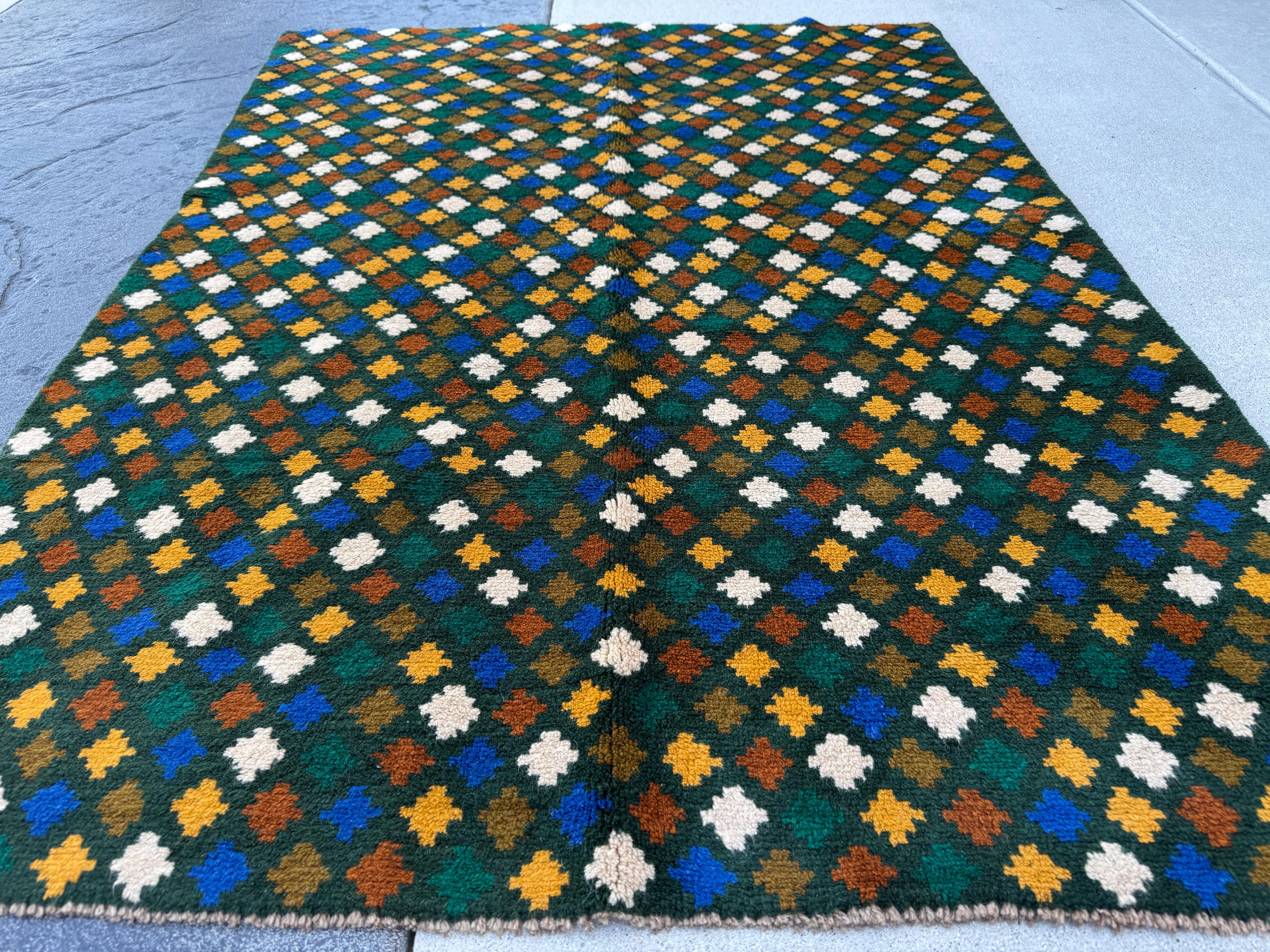 4x6 Handmade Vintage Afghan Baluch Rug | Pine Forest Olive Green Navy Blue White Mustard Gold Copper Brown | Wool Flatwoven