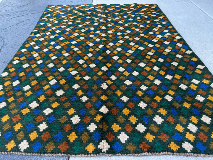 4x6 Handmade Vintage Afghan Baluch Rug | Pine Forest Olive Green Navy Blue White Mustard Gold Copper Brown | Wool Flatwoven
