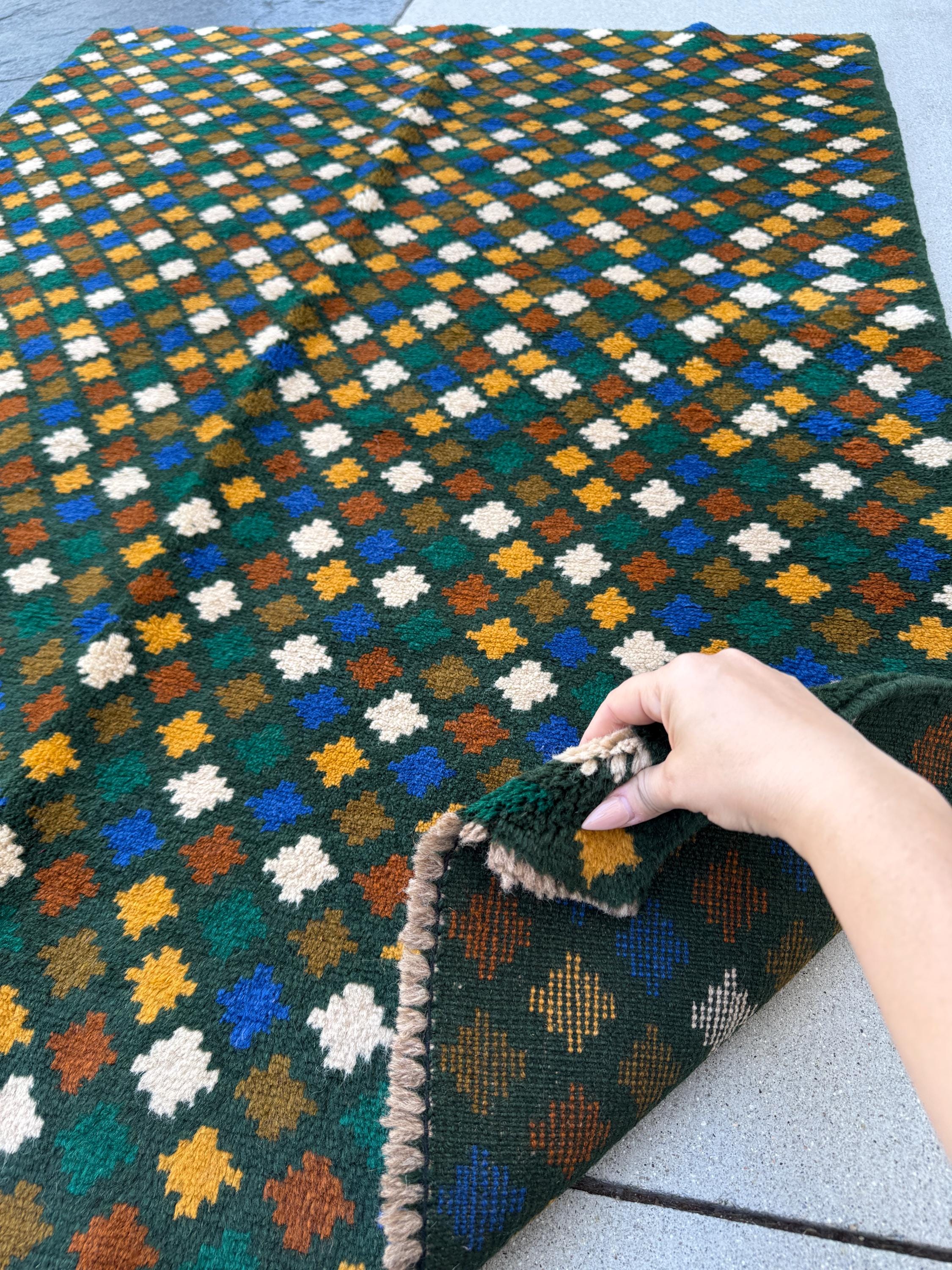 4x6 Handmade Vintage Afghan Baluch Rug | Pine Forest Olive Green Navy Blue White Mustard Gold Copper Brown | Wool Flatwoven