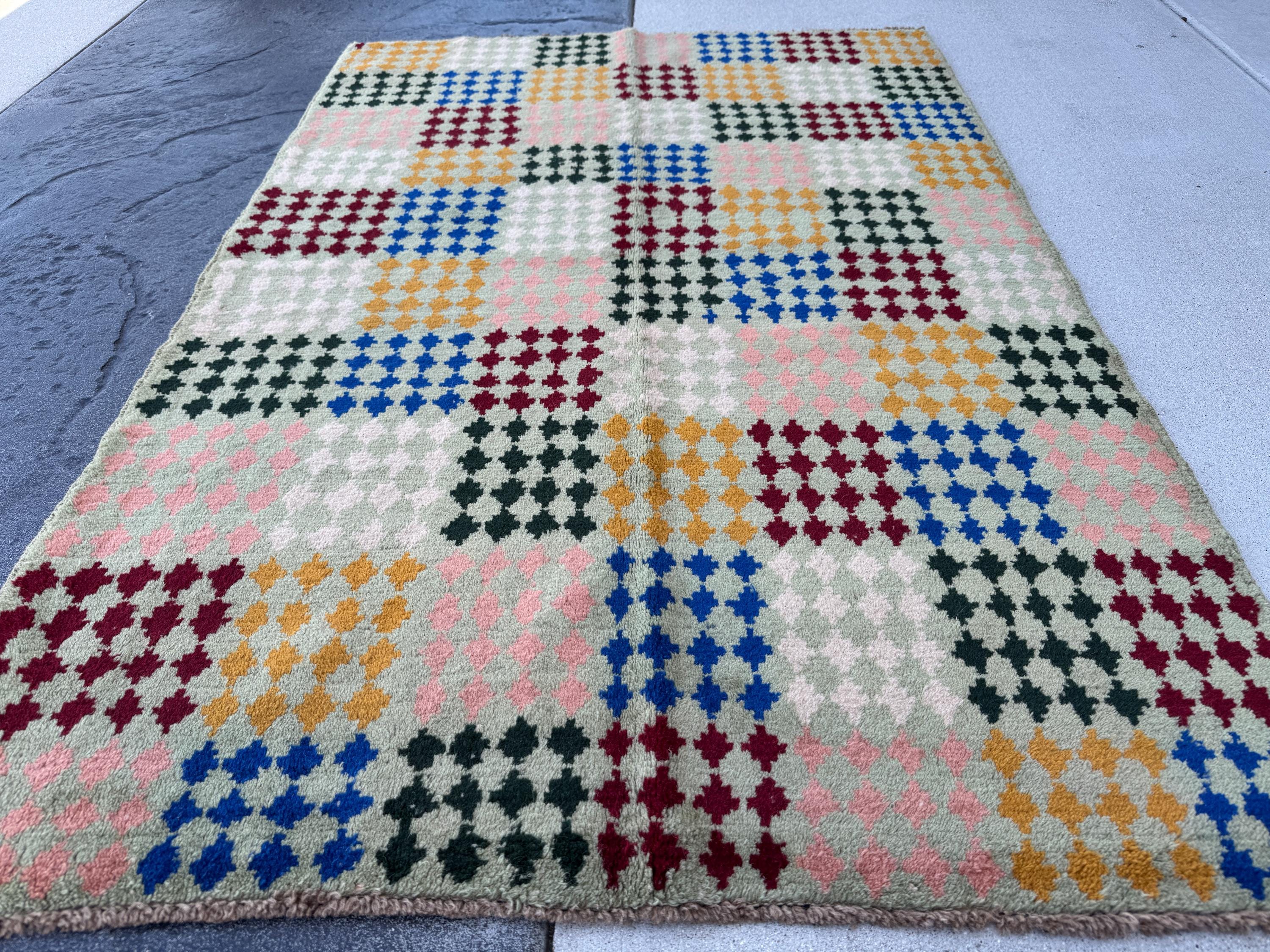 4x6 Handmade Vintage Afghan Baluch Rug | Mint Pine Green Brick Red Mustard Yellow Gold Navy Blue White | Wool Flatwoven