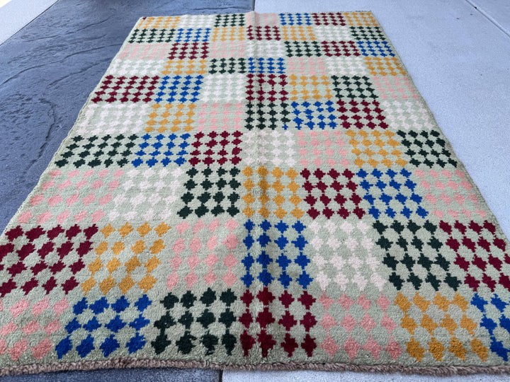 4x6 Handmade Vintage Afghan Baluch Rug | Mint Pine Green Brick Red Mustard Yellow Gold Navy Blue White | Wool Flatwoven
