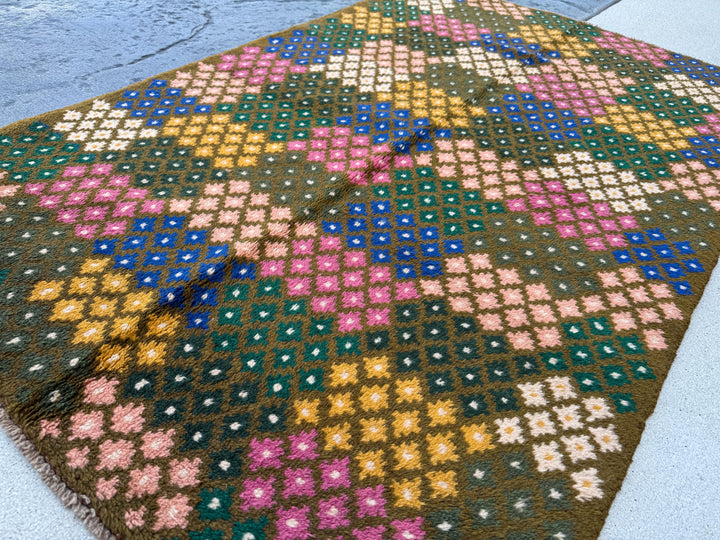 4x6 Handmade Vintage Afghan Baluch Rug | Olive Forest Pine Moss Green Rose Salmon Pink Peach Mustard Yellow Gold Navy Blue White | Wool