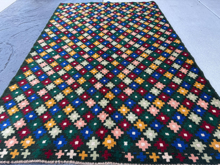 4x6 Handmade Vintage Afghan Baluch Rug | Pine Mint Forest Green Brick Red Mustard Yellow Gold Navy Blue White Salmon Pink Peach | Flatwoven