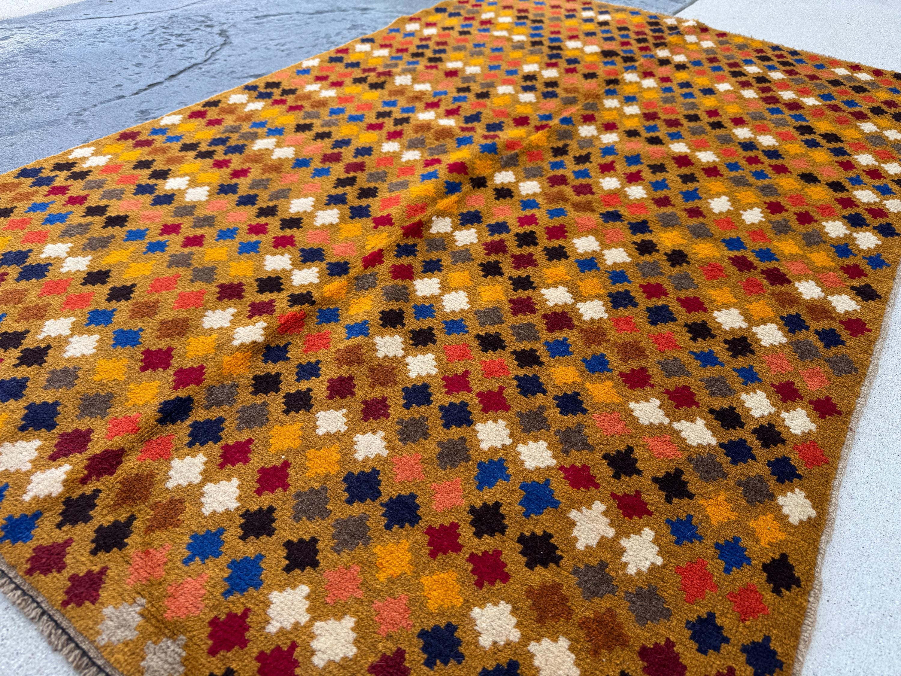 4x6 Handmade Vintage Afghan Baluch Rug | Gold Mustard Yellow White Navy Midnight Blue Brick Red Grey White Burnt Orange Black Copper Brown