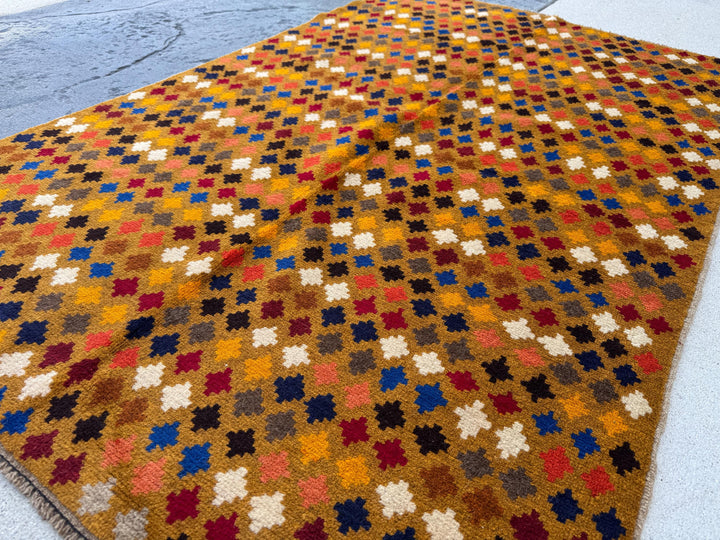 4x6 Handmade Vintage Afghan Baluch Rug | Gold Mustard Yellow White Navy Midnight Blue Brick Red Grey White Burnt Orange Black Copper Brown