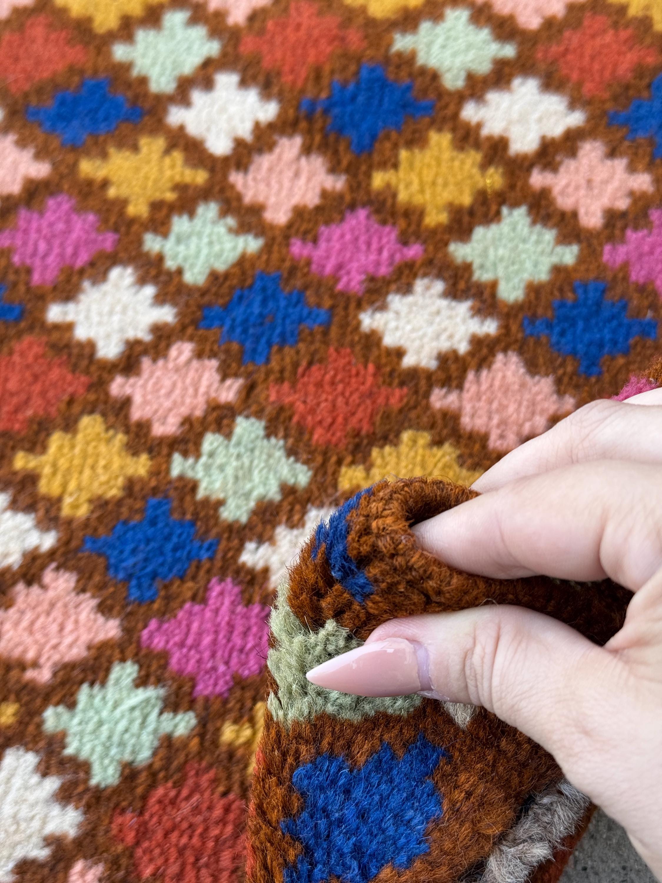 4x6 Handmade Vintage Afghan Baluch Rug | Chocolate Brown Navy Blue Rose Salmon Pink White Mustard Yellow Gold Burnt Orange Mint Green | Wool