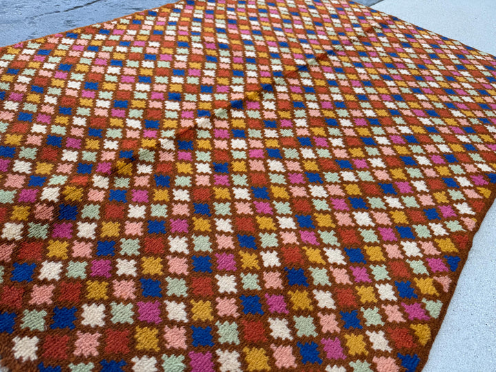 4x6 Handmade Vintage Afghan Baluch Rug | Chocolate Brown Navy Blue Rose Salmon Pink White Mustard Yellow Gold Burnt Orange Mint Green | Wool