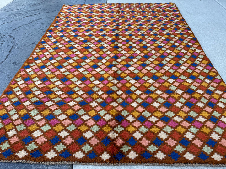 4x6 Handmade Vintage Afghan Baluch Rug | Chocolate Brown Navy Blue Rose Salmon Pink White Mustard Yellow Gold Burnt Orange Mint Green | Wool