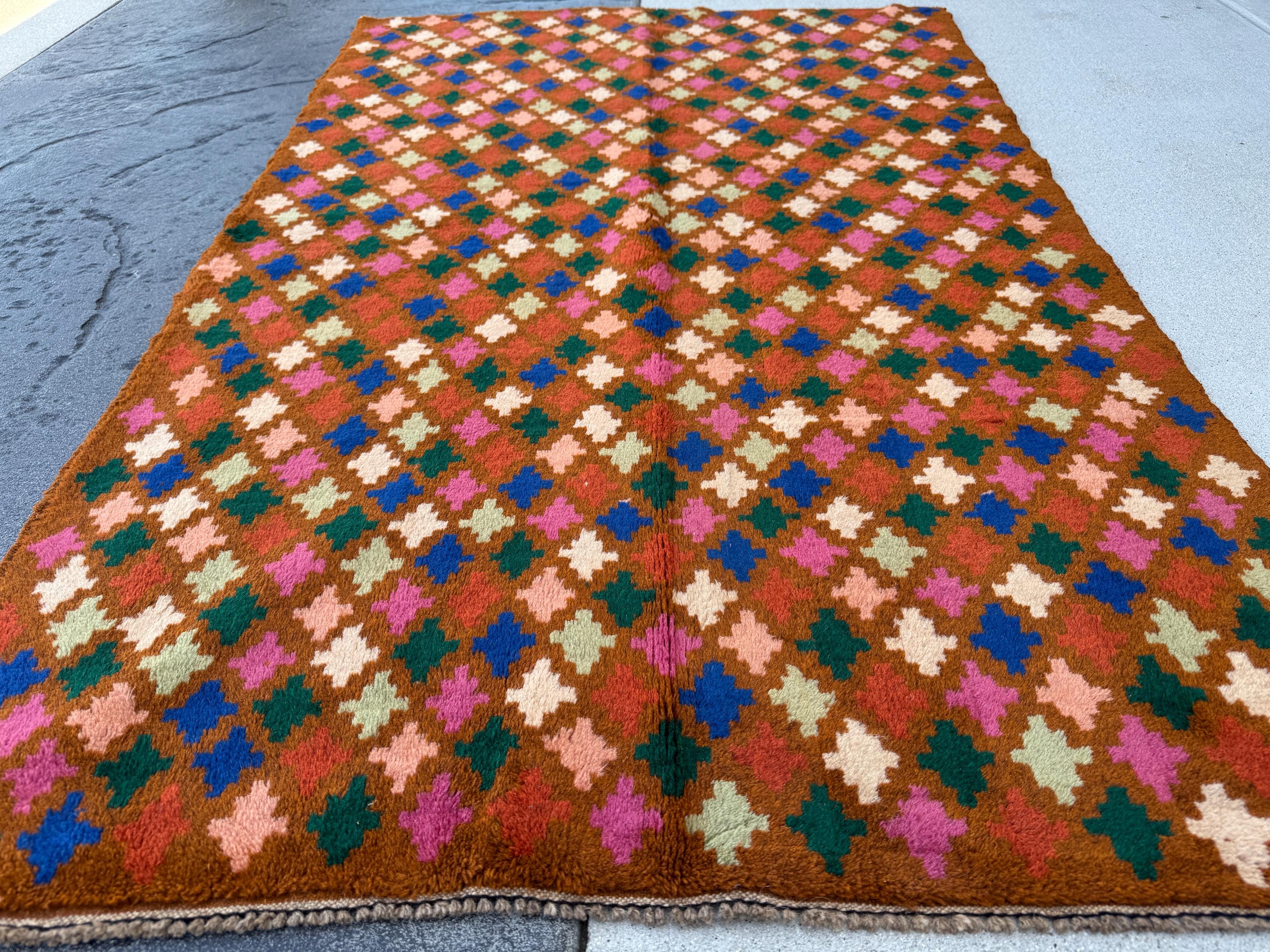 4x6 Handmade Vintage Afghan Baluch Rug | Chocolate Brown Navy Blue Rose Salmon Pink Burnt Orange Mint Forest Green Cream | Wool Flatwoven