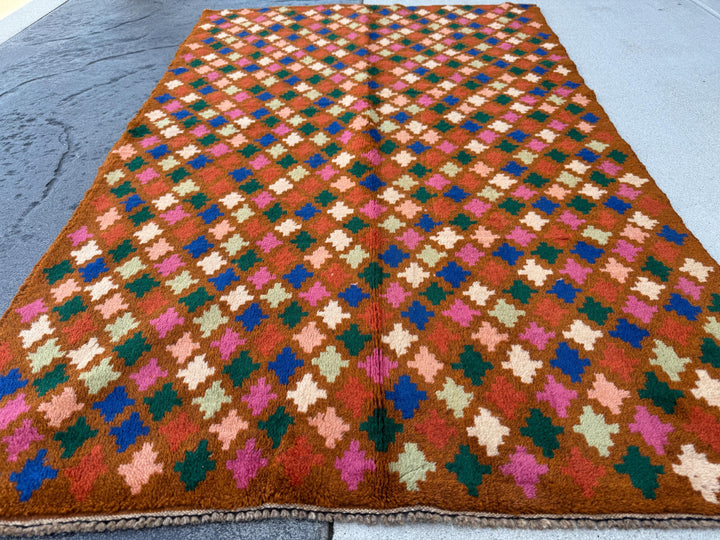 4x6 Handmade Vintage Afghan Baluch Rug | Chocolate Brown Navy Blue Rose Salmon Pink Burnt Orange Mint Forest Green Cream | Wool Flatwoven