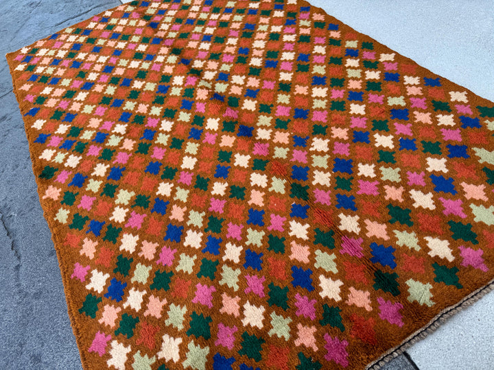 4x6 Handmade Vintage Afghan Baluch Rug | Chocolate Brown Navy Blue Rose Salmon Pink Burnt Orange Mint Forest Green Cream | Wool Flatwoven