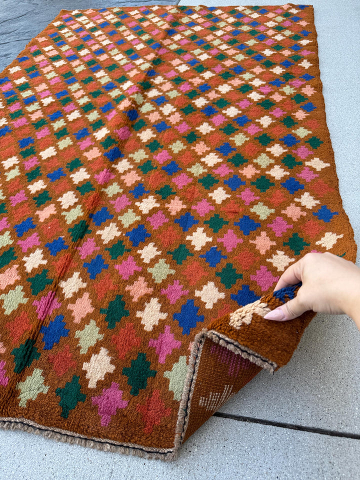4x6 Handmade Vintage Afghan Baluch Rug | Chocolate Brown Navy Blue Rose Salmon Pink Burnt Orange Mint Forest Green Cream | Wool Flatwoven