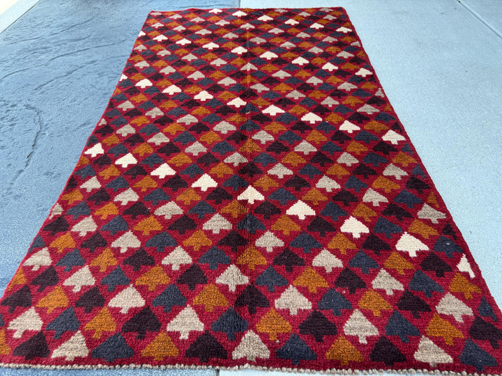 4x6 Handmade Vintage Afghan Baluch Rug | Brick Red Burnt Orange Copper Brown Black White Midnight Blue Light Grey | Wool Flatwoven