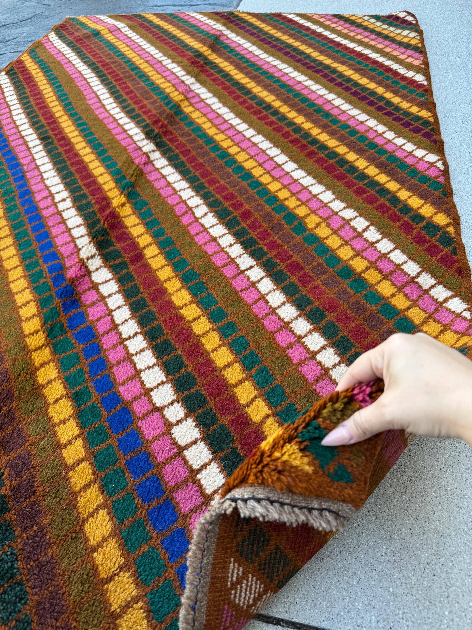 4x6 Handmade Vintage Afghan Baluch Rug | Copper Chocolate Brown Olive Pine Forest Green White Rose Salmon Pink Peach Brick Red Mustard Gold
