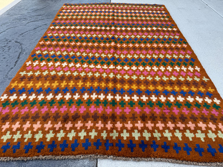4x6 Handmade Vintage Afghan Baluch Rug | Copper Chocolate Brown Olive Pine Forest Green White Rose Salmon Pink Peach Brick Red Mustard Gold