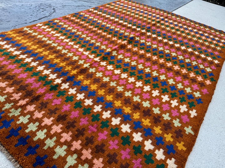 4x6 Handmade Vintage Afghan Baluch Rug | Copper Chocolate Brown Olive Pine Forest Green White Rose Salmon Pink Peach Brick Red Mustard Gold