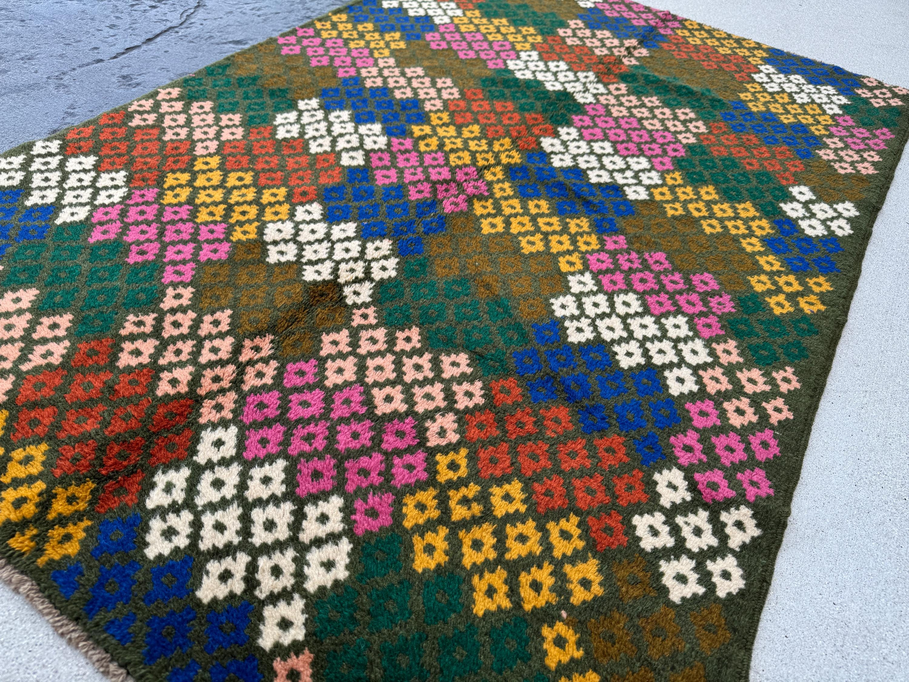4x6 Handmade Vintage Afghan Baluch Rug | Pine Forest Olive Green Salmon Rose Pink Peach White Navy Blue Mustard Yellow Gold Burnt Orange