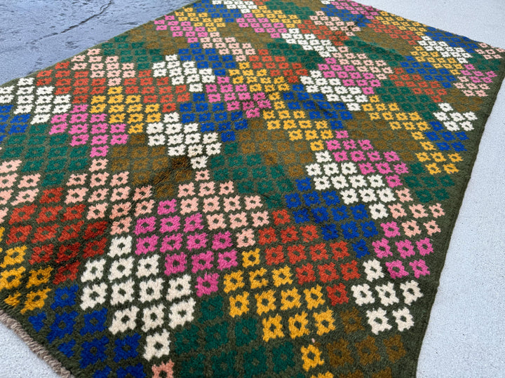 4x6 Handmade Vintage Afghan Baluch Rug | Pine Forest Olive Green Salmon Rose Pink Peach White Navy Blue Mustard Yellow Gold Burnt Orange