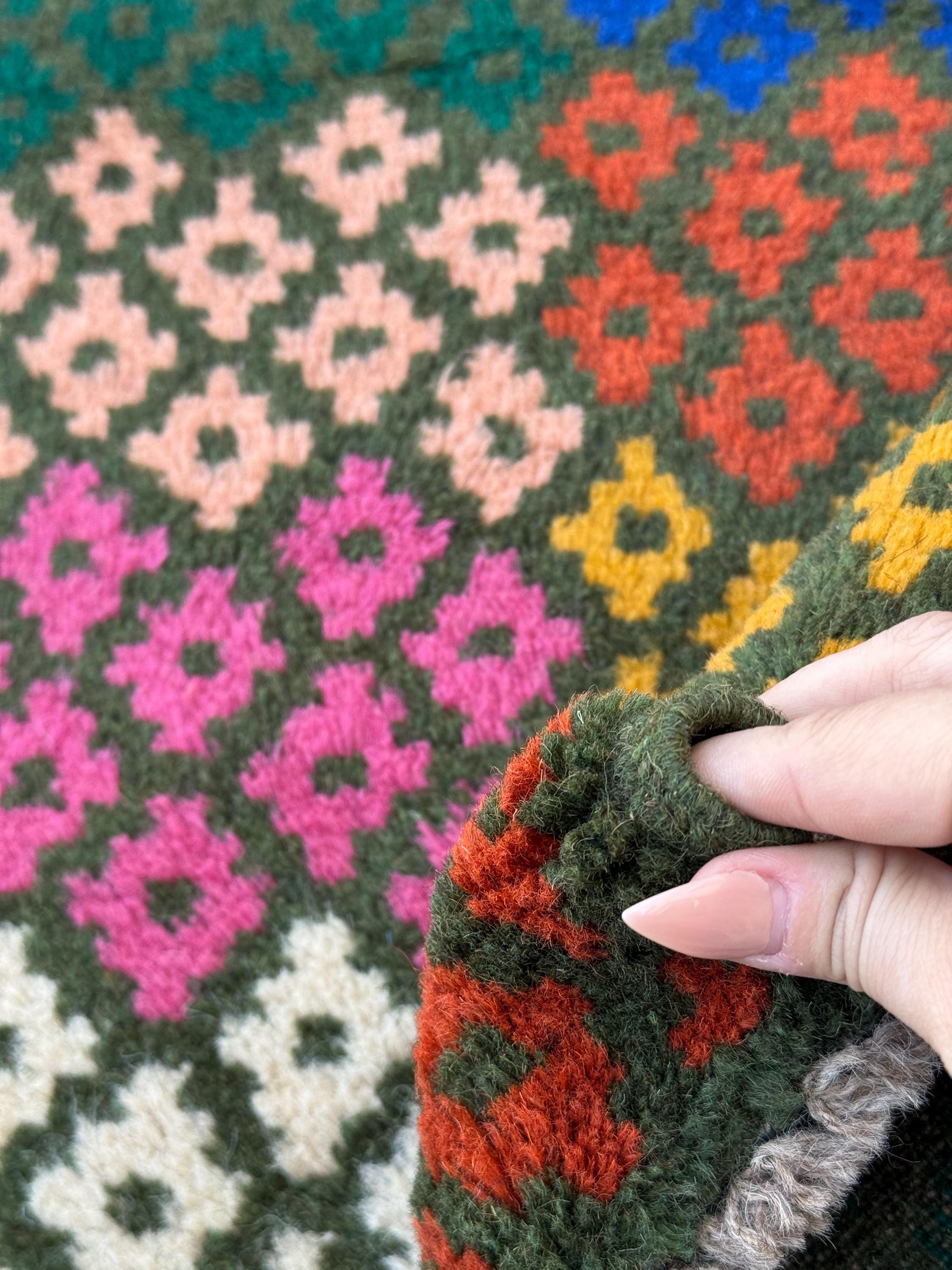 4x6 Handmade Vintage Afghan Baluch Rug | Pine Forest Olive Green Salmon Rose Pink Peach White Navy Blue Mustard Yellow Gold Burnt Orange