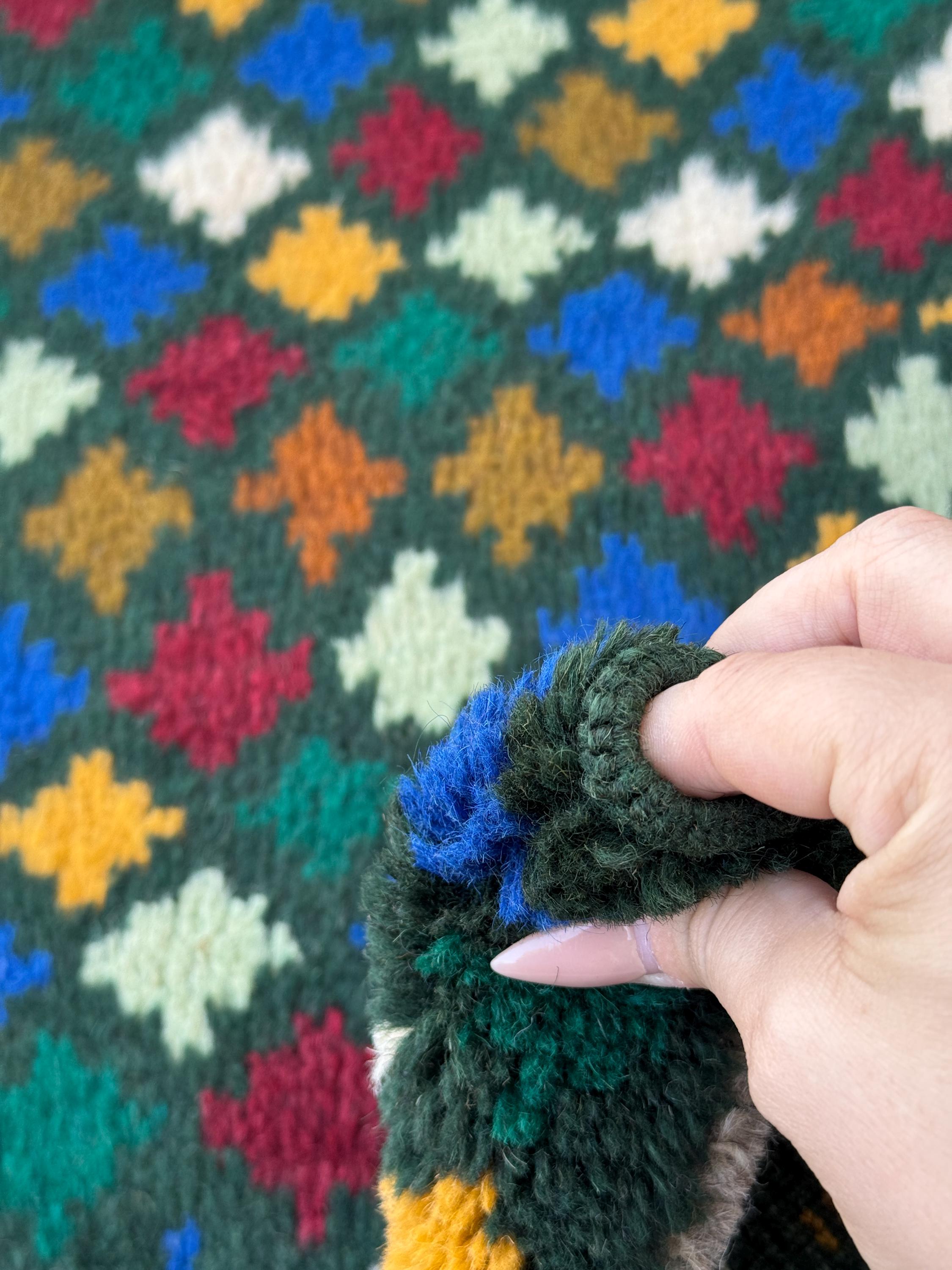 4x6 Handmade Vintage Afghan Baluch Rug | Forest Pine Mint Olive Green Mustard Yellow Gold White Navy Blue Brick Red | Wool Flatwoven