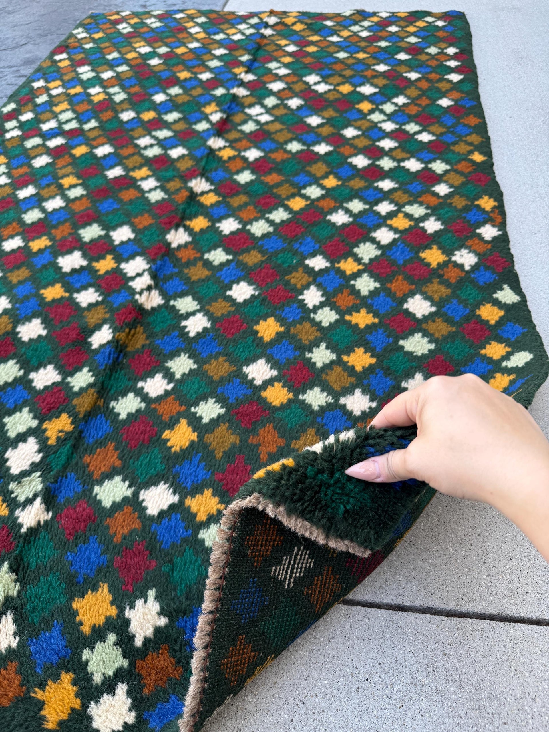 4x6 Handmade Vintage Afghan Baluch Rug | Forest Pine Mint Olive Green Mustard Yellow Gold White Navy Blue Brick Red | Wool Flatwoven