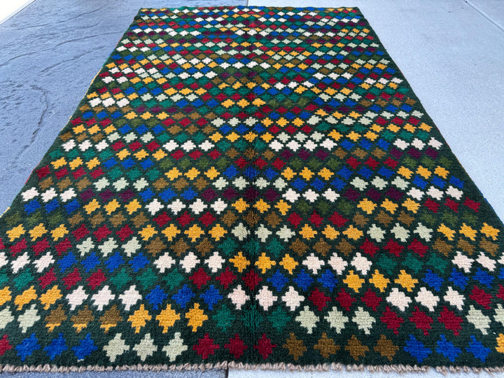 4x6 Handmade Vintage Afghan Baluch Rug | Forest Pine Mint Olive Mint Green Mustard Yellow Gold White Navy Blue Brick Red Eggplant Purple