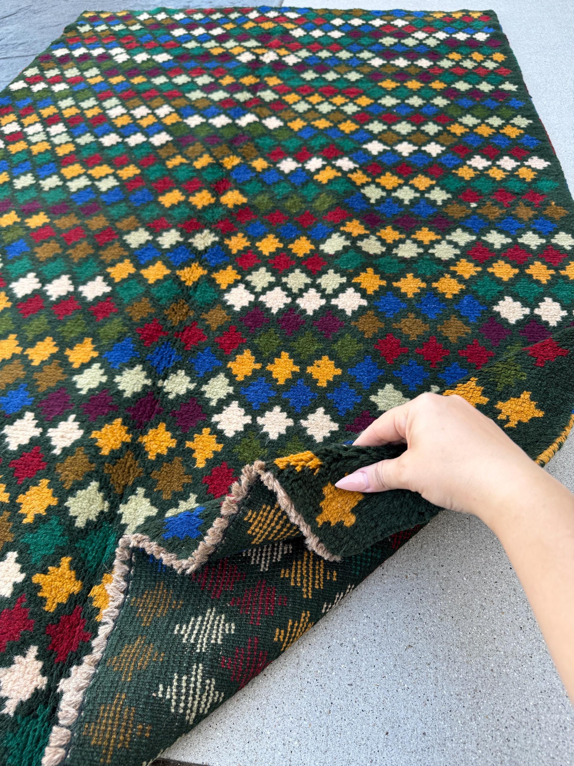 4x6 Handmade Vintage Afghan Baluch Rug | Forest Pine Mint Olive Mint Green Mustard Yellow Gold White Navy Blue Brick Red Eggplant Purple