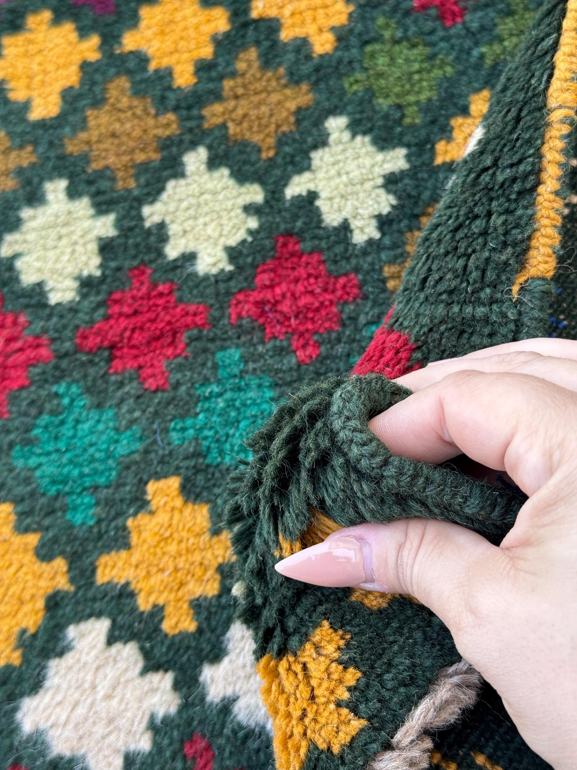 4x6 Handmade Vintage Afghan Baluch Rug | Forest Pine Mint Olive Mint Green Mustard Yellow Gold White Navy Blue Brick Red Eggplant Purple