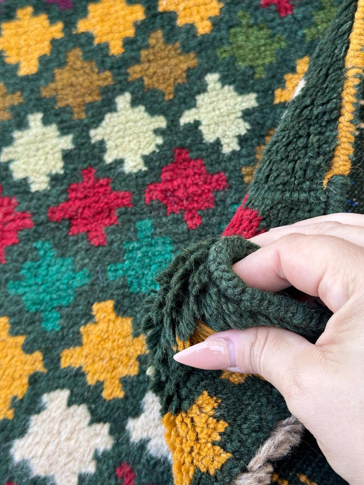 4x6 Handmade Vintage Afghan Baluch Rug | Forest Pine Mint Olive Mint Green Mustard Yellow Gold White Navy Blue Brick Red Eggplant Purple