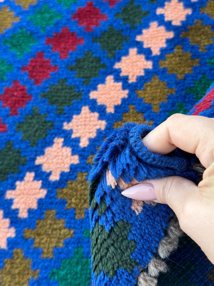 4x6 Handmade Vintage Afghan Baluch Rug | Navy Blue Forest Pine Olive Green Brick Red Salmon Pink Peach Mustard Yellow Gold | Wool Flatwoven